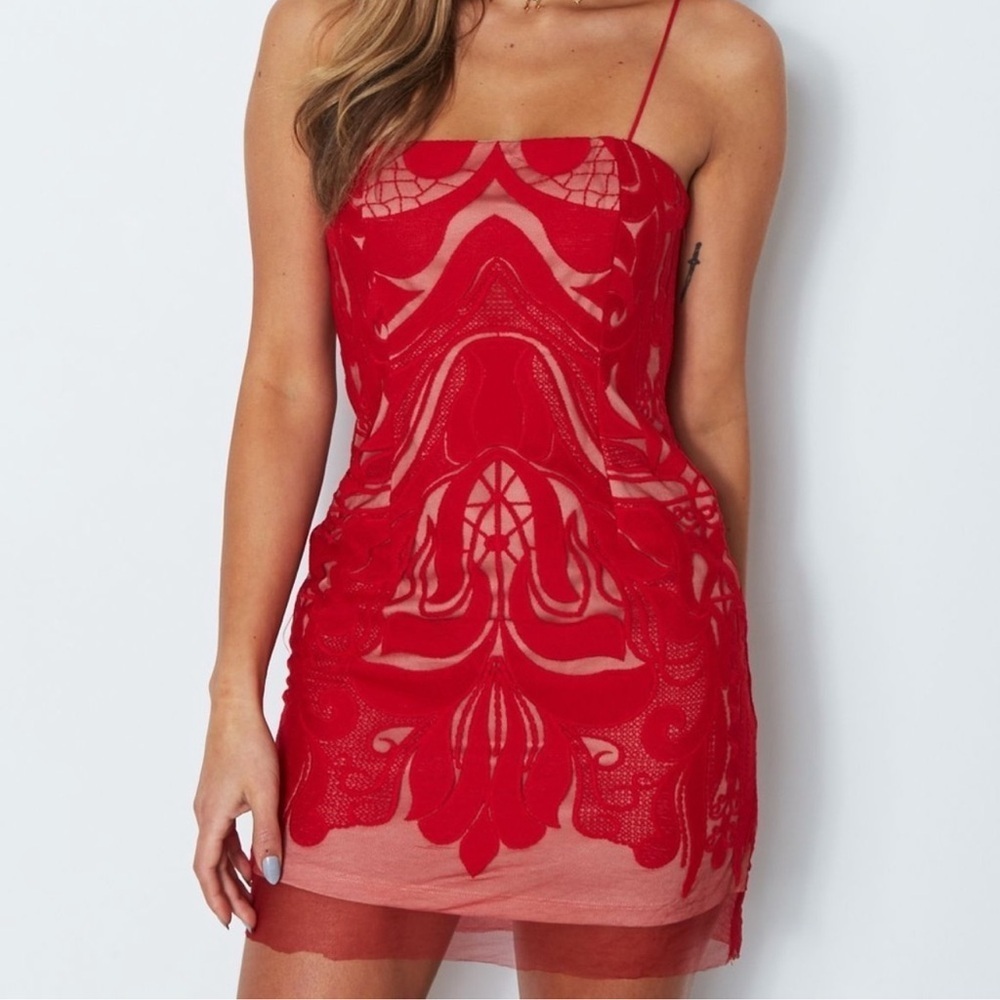 White Fox Crochet Mini Dress in Red size XS